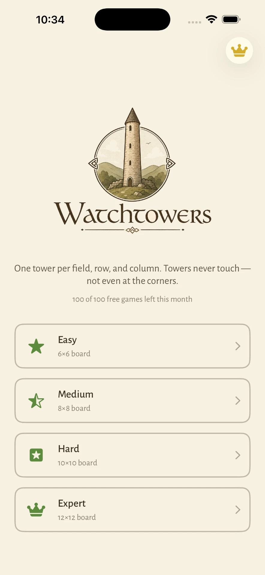 Watchtowers home screen showing Easy, Medium, Hard and Expert difficulty options