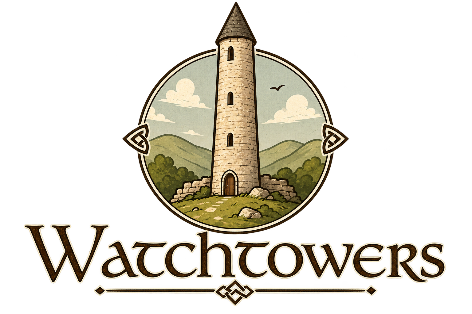 Watchtowers game logo: an Irish round tower in a circular medallion