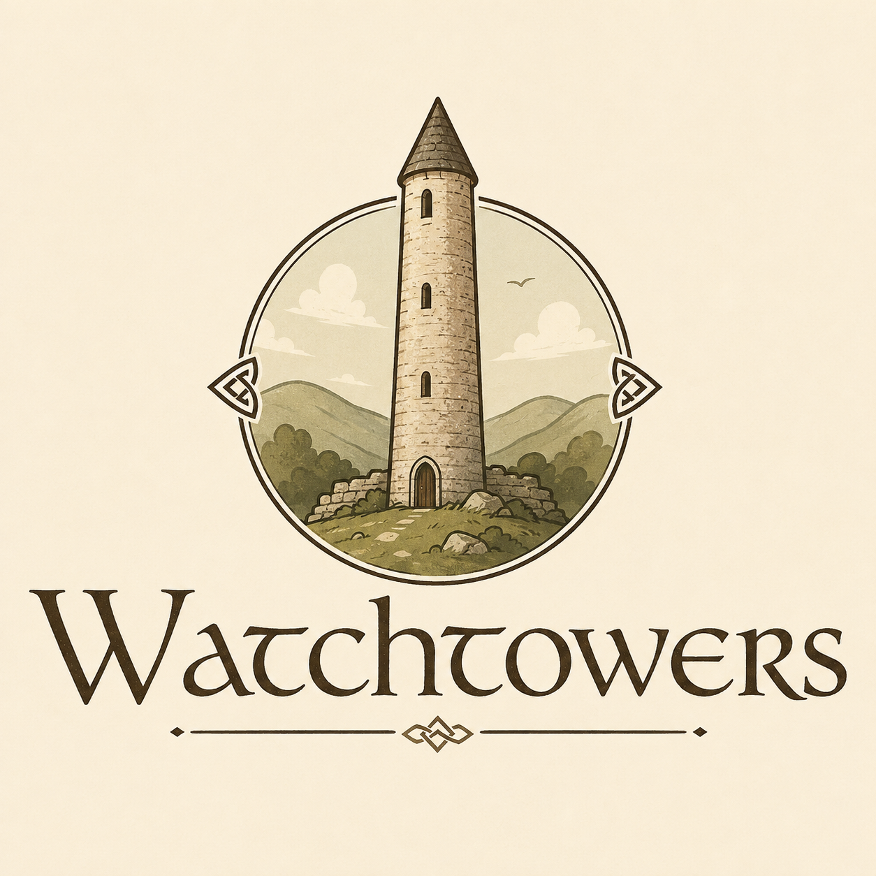 Watchtowers game logo: an Irish round tower in a circular medallion